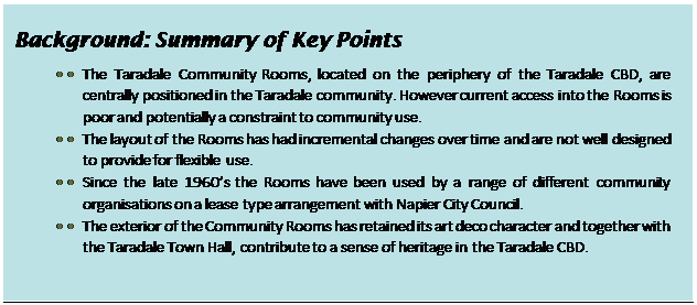 Text Box: Background: Summary of Key Points
•	•	The Taradale Community Rooms, located on the periphery of the Taradale CBD, are centrally positioned in the Taradale community. However current access into the Rooms is poor and potentially a constraint to community use.
•	•	The layout of the Rooms has had incremental changes over time and are not well designed to provide for flexible use.
•	•	Since the late 1960’s the Rooms have been used by a range of different community organisations on a lease type arrangement with Napier City Council.
•	•	The exterior of the Community Rooms has retained its art deco character and together with the Taradale Town Hall, contribute to a sense of heritage in the Taradale CBD. 

